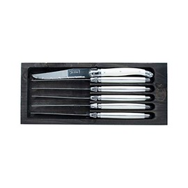 Jean Dubost White Handles in Black Tray Steak Knives, Stainless Steel Blades, Set of 6