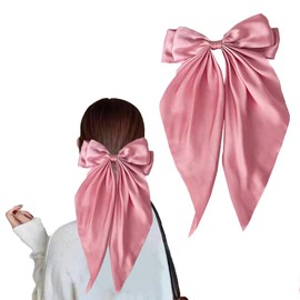 2 Pcs Satin Hair Bows with Long Tails - Big Hair Accessories with Ribbon Clips, Pink