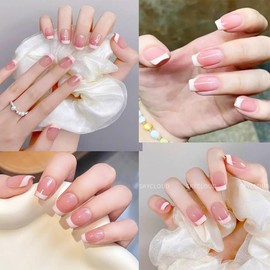 Press On Nails -Handmade White French Manicure | Semi-Transparent,Short Coffin Nails, Reusable with Glue
