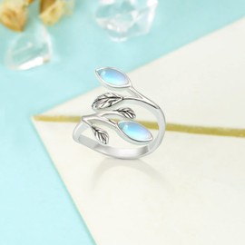 praymos Genuine Moonstone Ring Sterling Silver Moon Phase Ring Oval Leaf Cubic Zirconia Band Finger Minimalist Ring for Women