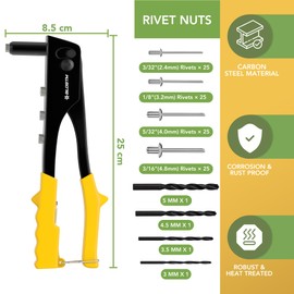 BLOSTM Pop Rivet Gun Set - 100 PCS Pop Rivets in 4 Sizes (2.4mm 3.2mm 4mm 4.8mm) Pop Riveter Gun, 4 Rivet Nosepieces, 4 Drill Bits - Hand Riveter for Metal, Plastic, Auto Repairs, Furniture (Yellow)