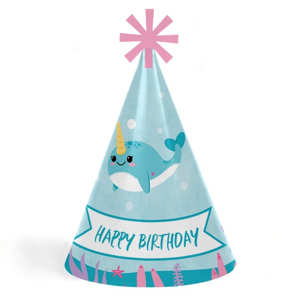 Narwhal Girl - Cone Happy Birthday Party Hats for Kids and Adults - Set of 8 (Standard Size)