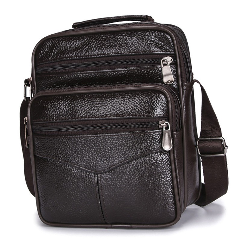 Business Shoulder Bag Black Cowhide Metal Zippers Large Capacity Business