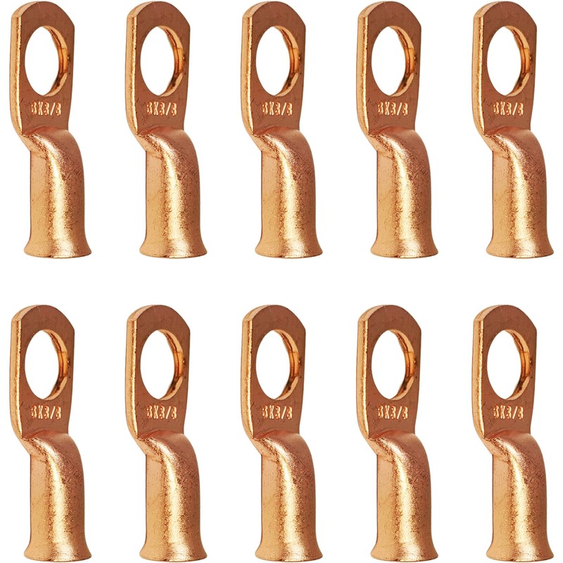 10 Pack 6 AWG 3/8" Bare Copper Ring Terminals, Heavy