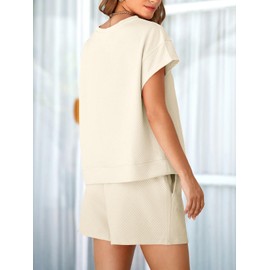 Tankaneo Womens Loungewear Set Short Sleeve Tops and Shorts 2 Piece Outfits Matching Lounge Pajama Set with Pockets Beige