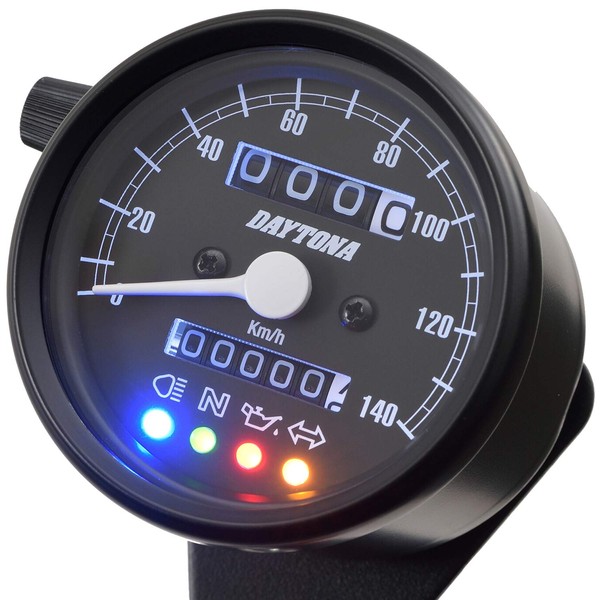 Daytona 15626 Motorcycle Mechanical Speedometer, Black Body, Black Panel, White LED, Diameter 2.4 inches (60 mm), 50.9 mph (140 km/h) Display, Indicator Included