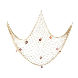 Decorative Fishing Net Wall Decor with Seashells Nautical Style Wall Hangings Ornament for Beach Coastal Theme (Beige)