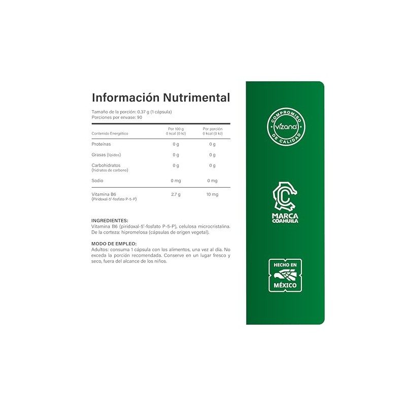 VIZANA NUTRITION | Vitamina B6 Forma Activa y Coenzimada (P-5-P/Piridoxal-5-Fosfato)