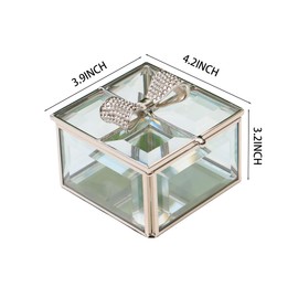 DHCGPP Bow tie square Glass Jewelry Box,Jewelry Ring, Bracelet, Souvenir Metal Display Box, Transparent Storage Box.(3.9x4.2x3.2inches)