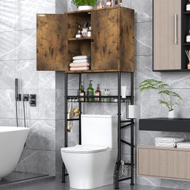 Over The Toilet Storage Cabinet - 2-Door Bathroom Organizer Shelf, Freestanding Space-Saver Toilet Rack with Privacy Protection, Water-Resistant Above Toilet Storage Cabinet for Small Bathrooms(Brown)