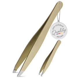 TITANIA® Tweezers Set - Stainless Slicker Tweezers with Slant Tip + Pointed Tweezers - Precision Stainless Steel Tweezers for Eyebrows, Ingrown Hair & Splitters, Gold