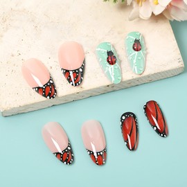 RUOKEXIN Fall Press on Nails Almond Fake Nails Brown False Nails with Butterfly Designs Medium Nail Press ons French Tip Glue on Nails Sparkly Artificial Nails Cute Stick on Nails for Women 24Pcs