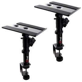 Desktop Speaker Stands Pair,Clamp-on Monitor Speaker Stand Riser Set of 2,6.7”x7.9” Metal Tray, -10°to +10°Tilted Angle,Ideal for 3 to 4-inch Monitor Speaker, Bookshelf Speaker