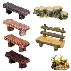 Miniature Accessories for Fairy Garden - Wooden Bench, Tree Trunk Bridge & Double Bench Set - 1:12 Scale - 5 Pieces - DIY Garden Decoration, Fairy Tale Figures Accessories, for Miniature Worlds &