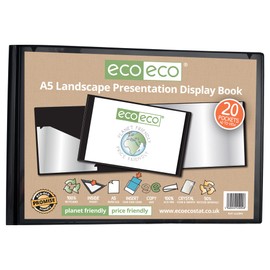 eco-eco A5 50% Recycled 20 Pocket Black Landscape Presentation Display Book, Storage Case Portfolio Art Folder with Plastic Sleeves, (Pack of 2), eco094x2