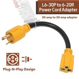 MECMO NEMA L6-30P to 6-20R Generator to EV Charger AC Power Cord Adapter, 3-Prong NEMA L6-30P 30Amp Locking Plug to 6-15/20R 20Amp Female T-Blade Adapter for Power Tool, EV Charger, Machine