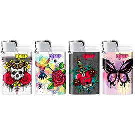 DJEEP Pocket Lighters, Tattoo Collection Textured Metallic, Unique Lighters, 4 Count Pack of Disposable Lighters