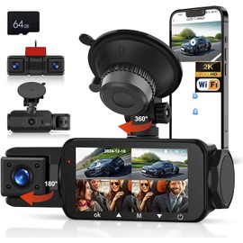 CAMECHO 360° View 4 Channel Dash Cam Front and Rear Inside, 2K WiFi Dashcam for Cars, with 64GB SD Card, 3" IPS Screen, Night Vision, Loop Recording, Wide Angle, G-Sensor, 24H Parking Mode