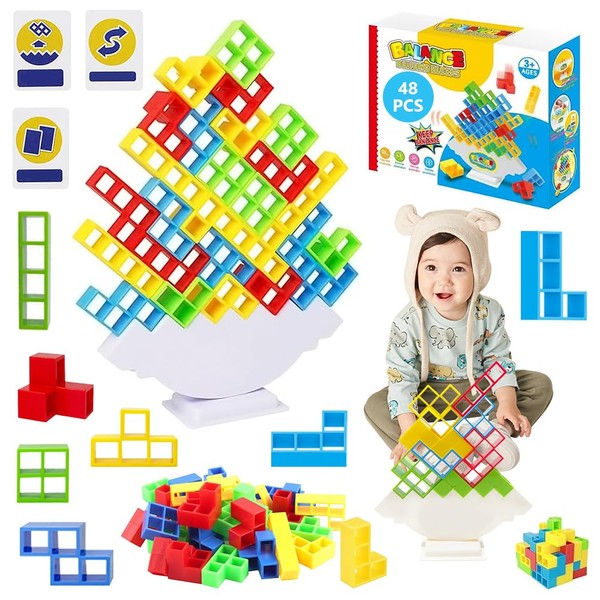 Fiotha Tetra Tower Balance Game, 48 Pieces Decompression Balance Building Blocks, Tetra Tower Balance, Montessori Toy, Tetris Balance Toy, Balancing Stacking Toy for Children and Adults