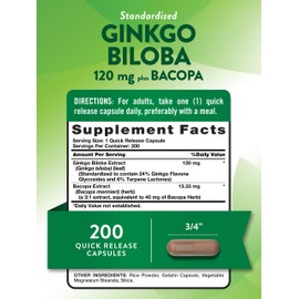 Ginkgo Biloba 120mg | Plus Bacopa | 200 Quick Release Capsules | Standardized Extract | Non-GMO and Gluten Free Supplement | by Nature's Truth