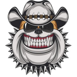 Scary Western Cowboy Smiling Bulldog Wearing Sunglasses And Spiked Collar Cartoon Vinyl Decal Sticker 5"