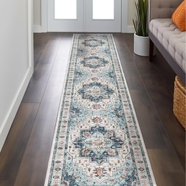 Madane Hallway Runner Rug 2x12, Extra Long Washable Runner Rugs with Rubber Backing, Non Slip Carpet Runner, Vintage Medallion Rug Runners for Kitchen Laundry Room Entryway (Blue, 2'x12')