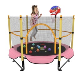 Kawuneeche 5FT Trampoline for Kids Toddler Indoor Trampoline with Safety Enclosure Net, Mini Basketball Hoop, Jumping Mat for Home Entertainment Equipment Outdoor Backyard Games (Pink)
