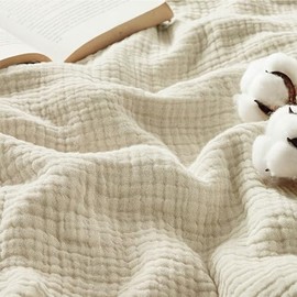 BEDSURE Muslin Blanket - 100% Cotton Blanket, Summer Blanket, Throw Blankets for Couch, Soft and Lightweight Cuddly Blanket, Sofa Blanket & Blanket, Bedspread, Beige, 130 x 150 cm