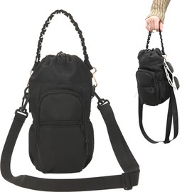 Wongeto Water Bottle Holder with Strap,25oz/40oz/64oz Water Bottle Carrier Sling Bag with Phone Pocket Crossbody Adjustable Shoulder with Hand Strap for Walking(Black)