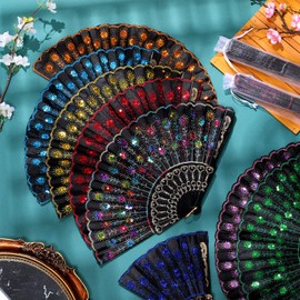 Geetery 100 Pcs Folding Hand Fan for Line Dancing Colorful Spanish Silk Sequin Fabric Popping Fans for Line Dancing Clapping Fans Bulk Boots on the Ground Fan for Women(Retro Color,Peacock Pattern)