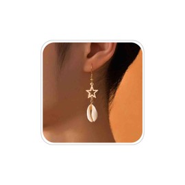 TseenYi Boho Cowrie Shell Dangle Earrings Gold Hollow Star Drop Earrings Cowrie Drop Earrings Vintage Pearl Shell Earrings Sea Shell Drop Earrings Jewelry for Women and Girls