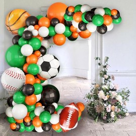Sport Theme Balloons Arch Kit,Black Orange Green White Latex Balloons with Football Baseball Rugby Basketball Foil Balloons for Party