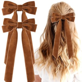2PCS Velvet Hair Bows Ribbon Hair Clips, Ponytail Holder Slides Metal Clips French Barrette Big Fall Alligator Hair Clips Hair Accessories for Women Girls Toddler (Brown-A)