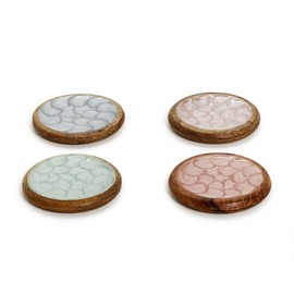 Two's Company Shimmering Hand Crafted Coasters, 4-inch Diameter, Set of 4, Includes 4 Colors, Aqua, Rose, Lavendar, Blue, Mango Wood, 54893