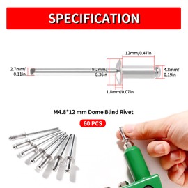 YIXISI 60 PCS M4.8x12 mm Dome Blind Rivet, Metal Rivets Pull Pop Rivets, Aluminium Pop Rivets Large Flange, for Fixing Component Construction Fasteners Furniture