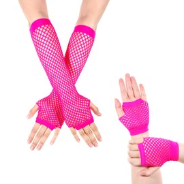 Skrfren 2 Pairs Fishnet Gloves Fingerless for Women, Women's Mesh Emo Fingerless Arm Fishnet Gloves for 80s Costume Theme Party, Fish Net Arm Sleeve Mesh, Hot Pink, Long&Short