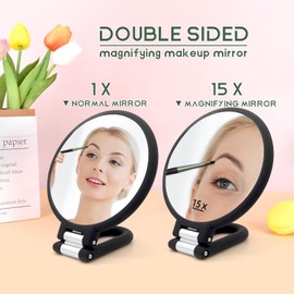Novadex 1x 15x Travel Magnifying Mirror Hand Held Vanity Mirror, Compact 2-Sides Folding Magnification Hand Mirror with Handle for Women 360°Rotating Handle Table Desk Small Make Up Mirrors (Black)