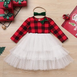 Red Christmas Dress Checkered Little Girl Fall Dresses for Girls Kids Xmas Gingham Long Sleeve Plaid Tiered Tulle Dress and Hair Bow Santa Claus Holiday Party Outfits Red Buffalo Grid 6-7 Years