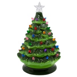 Roman Festive Christmas Tree with Colorful Lights | Vintage-Inspired Ceramic Green Pine with Lights and Star | Cheerful Holiday Decoration | Twinkle or Steady Nightlight
