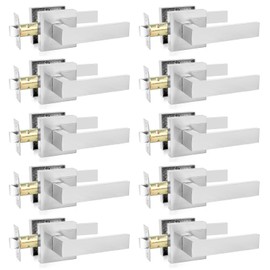Passage Door Levers, 10 Pack Satin Nickel Heavy-Duty Door Handles, Square Non-Locking Door Knobs, Right and Left Handed for Closets, Hallways and Conference Rooms