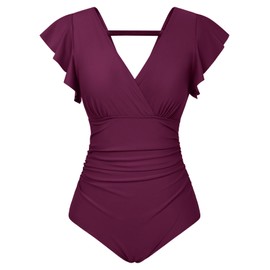 GRACE KARIN Women Swimming Costume Ruched Tummy Control Ruffle Sleeve Wrap V Back One Piece Swimwear Bathing Suit Purple L UK Size 16
