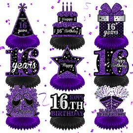 9Pcs Purple 16th Birthday Decorations Purple Black Happy 16th Birthday Table Honeycomb Centerpieces for Table Decor 16th Birthday Table Topper for Girls Boys 16th Birthday Anniversary Party Supplies