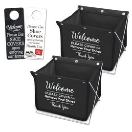 Foldable Shoe Cover Holder and Single Door Hanger with Designs on Front and Back - Please Use Shoe Covers (Black - 2 Pack)