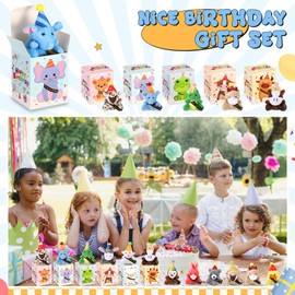Blueweenly 24 Sets Mini Birthday Animal Plush Toy with Hat Small Stuffed Animal with Boxes Gift Set for Birthday Party Favors Exchange Gift Decorations