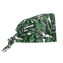 Tropical Palm Leaves Plants Hawaiian Summer Working Cap Scrub Cap with Sweatband Adjustable Unisex Women Tie Back Hat Nurse Surgical Caps