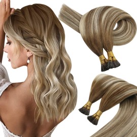 Sunny I Tip Hair Extensions Human Hair Balayage Brown I Tips Natural Hair Extensions Balayage Medium Brown Ombre Platinum Blonde I Tip Real Hair Extensions for Women Keep Texture 50G 16Inch