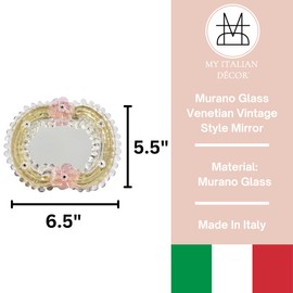 Handcrafted Ventian Mirror Antique Vintage Style, 6.5" W x 5.5" H, Murano Glass, Pink Flowers, Floral Tabletop Vanity Mirror with Stand, Antique Decorative Makeup Mirror, Made In Italy