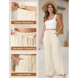 Jyanl Womens Linen Pants Casual Wide Leg Pants Summer Palazzo Pants Loose Flowy Beach Pants Trousers Drawstring Elastic Waist with Pockets Beige