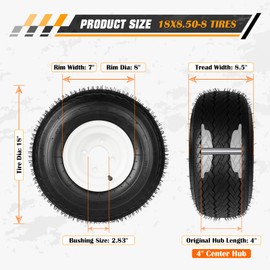 (2PCS) 18x8.50-8 Lawn Mower Tires with Rim, Natural Rubber Turf Tire for Riding Lawn Mowers | Pneumatic 4 Ply Tubeless | Bore ID 2.83 | 815lbs Capacity