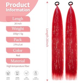 2Pcs Colored Hair Extensions, 26 Inch Hair for Kids and Women, Straight and Smooth Ponytail Hair Extensions with Elastic Bands, Suitable for Parties a